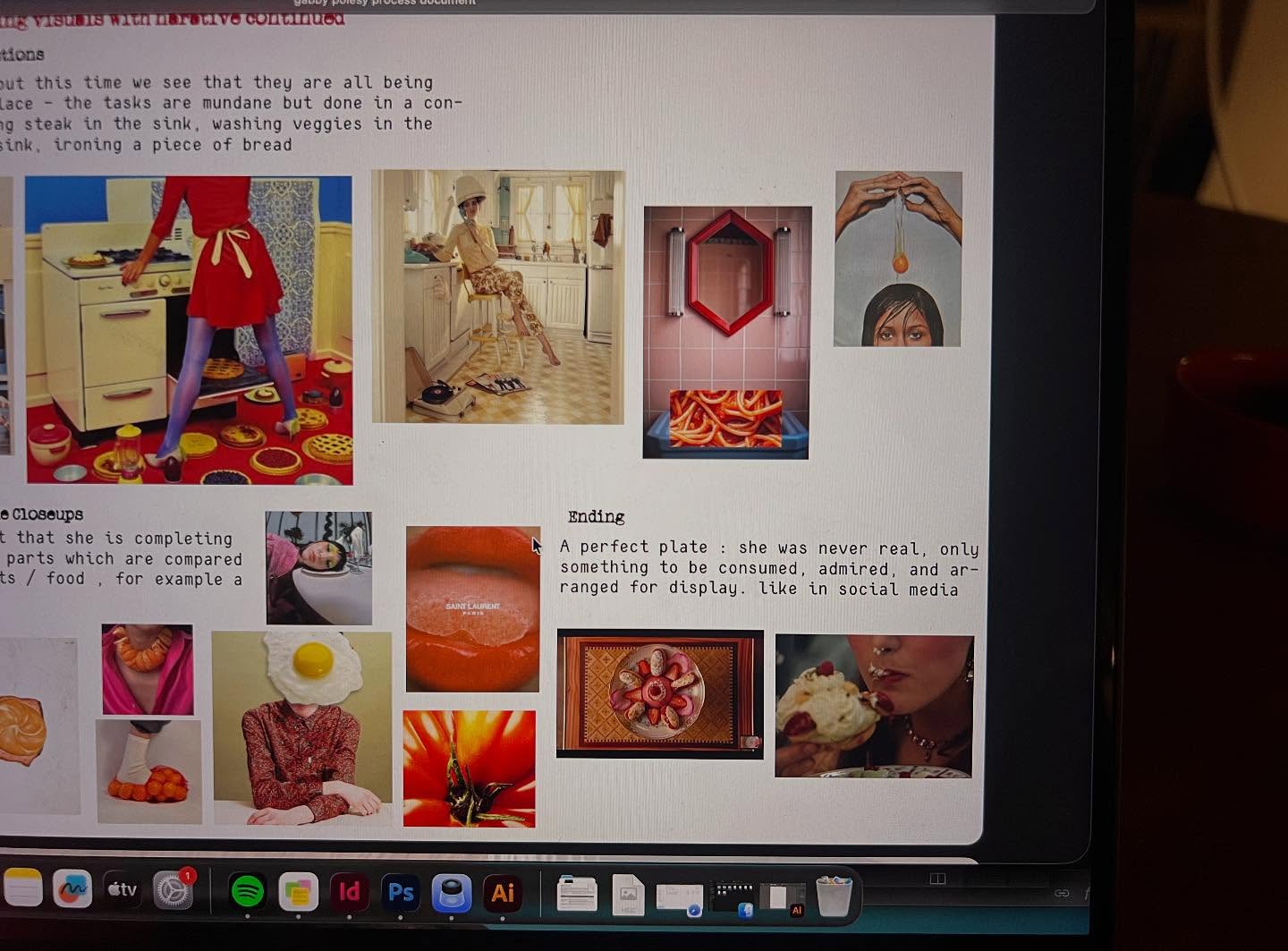 Process document: concept page on absurd domestic tasks and the plated-woman ending