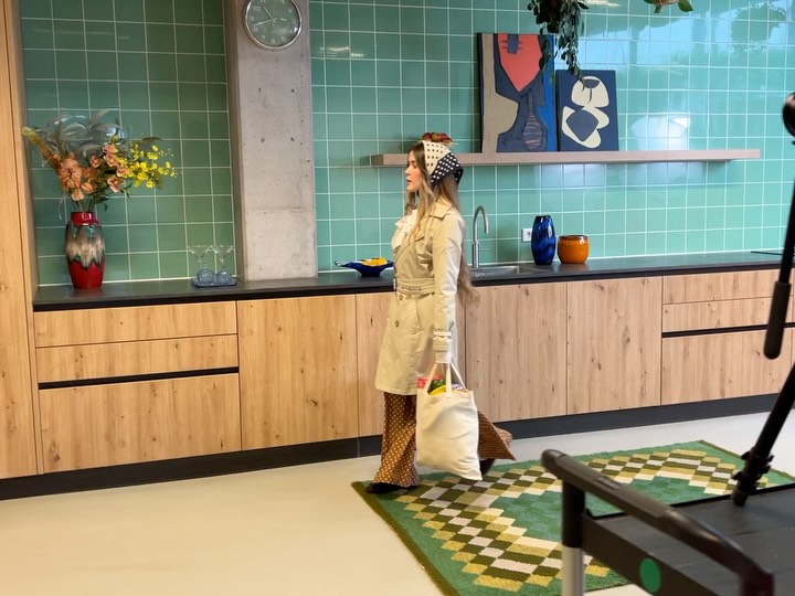 Behind the scenes: the green-tiled kitchen location, dressed and lit