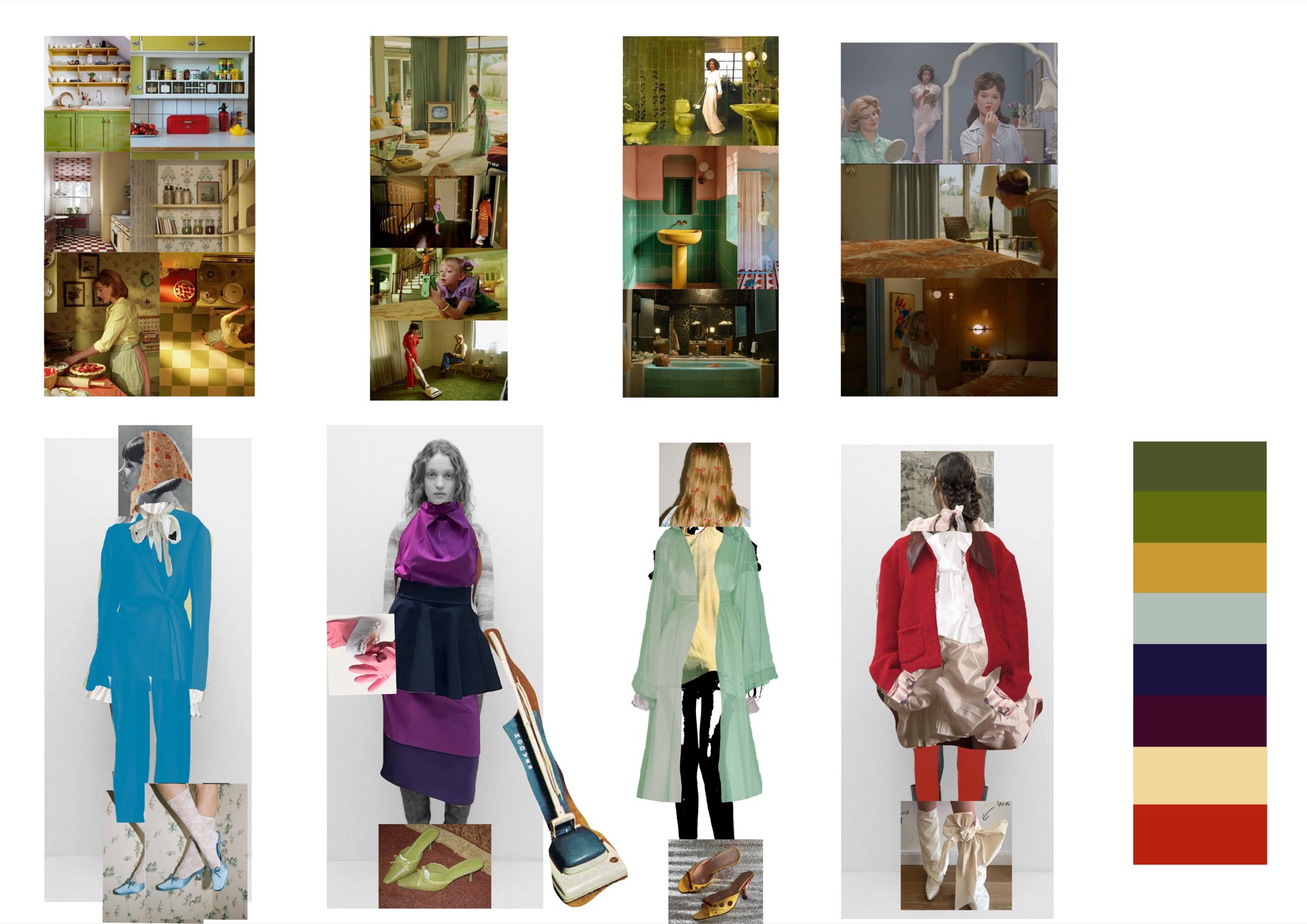 Styling moodboard: 50s-domestic interior references, garment collages for each look, and the film's colour palette