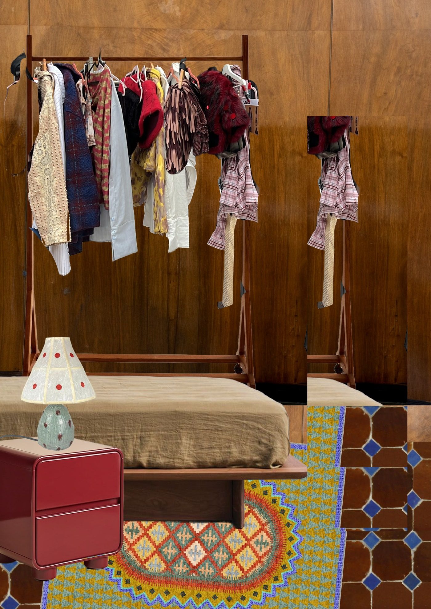 Illustrated bedroom with a clothing rack