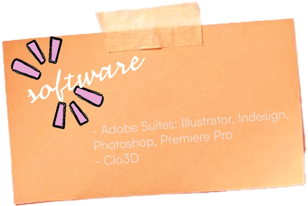 Software: Adobe Suites — Illustrator, InDesign, Photoshop, Premiere Pro; Clo3D