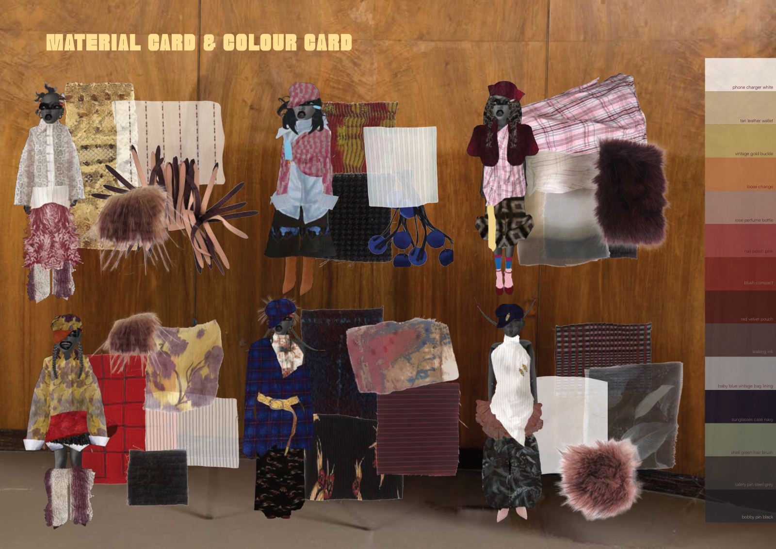 Material and colour card — objects from the handbag translated into the collection palette