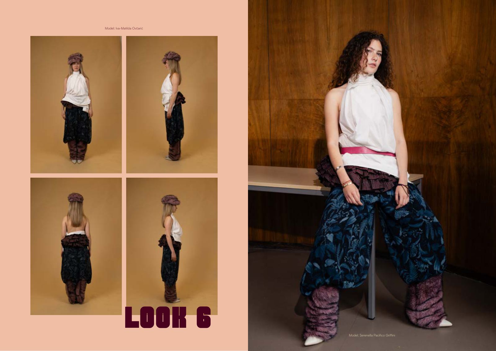 Look 6 — front, back and side views plus editorial image